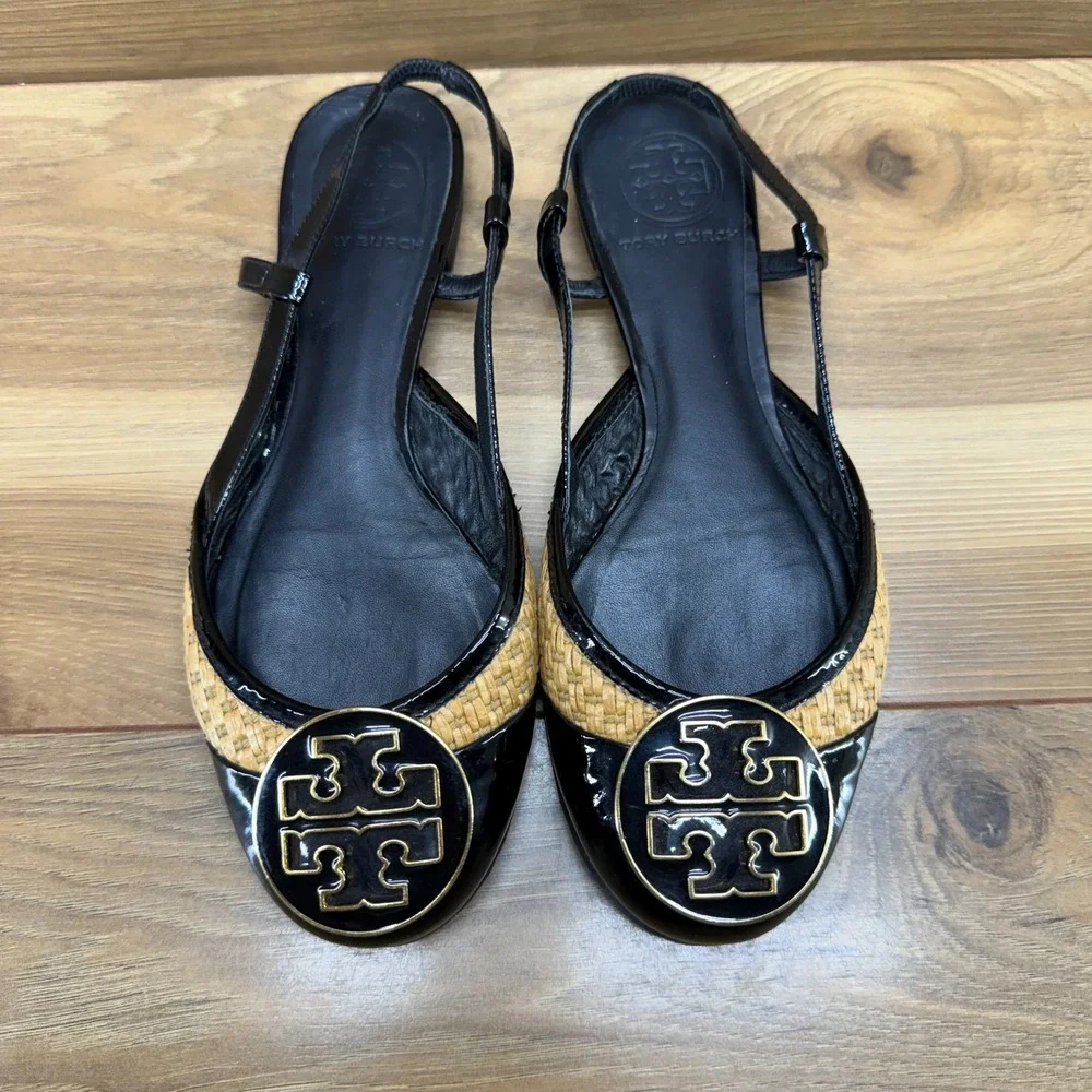 Tory Burch Jolie Woven Raffia Reva Flats Womens 6.5 Black Gold Slingback